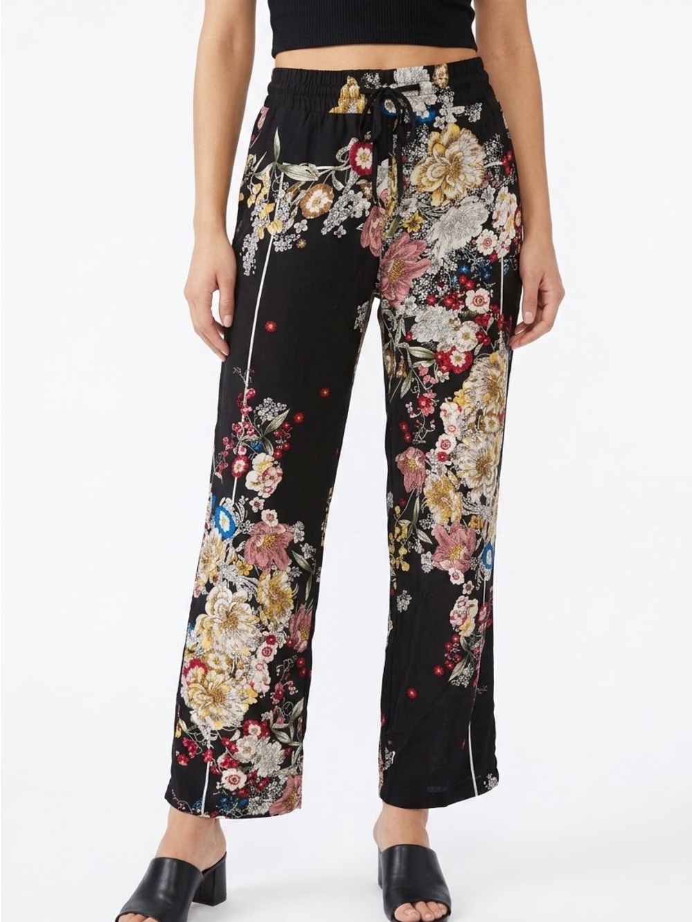 Black Floral Wide-Leg Drawstring Pants